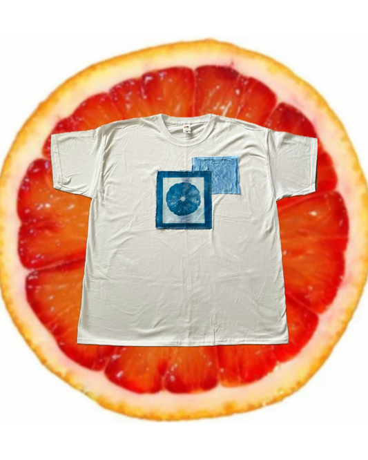 Cyanotype Dye oversized T-Shirt 100% cotton with appliquéd Abstract Orange Print