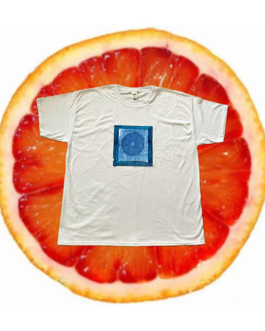 Cyanotype Dye oversized T-Shirt 100% cotton with appliquéd Abstract Orange Print