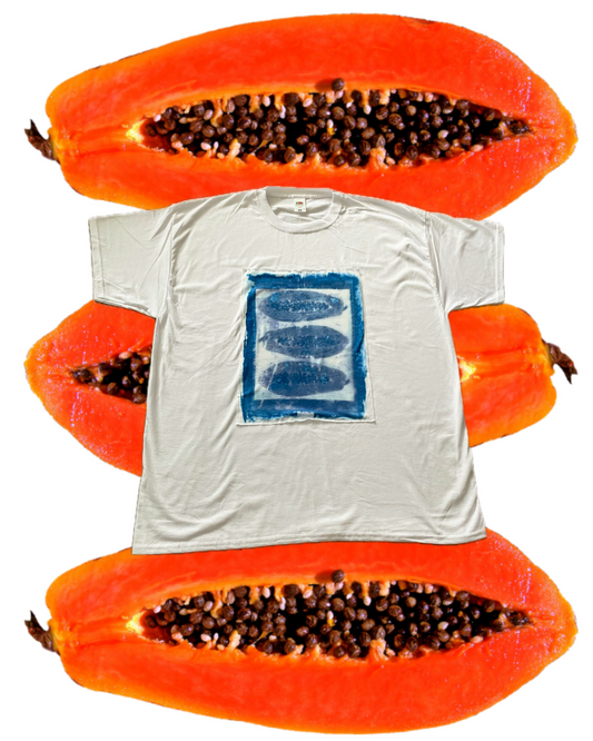 Cyanotype Dye oversized T-Shirt 100% cotton with appliquéd Abstract Papaya Print
