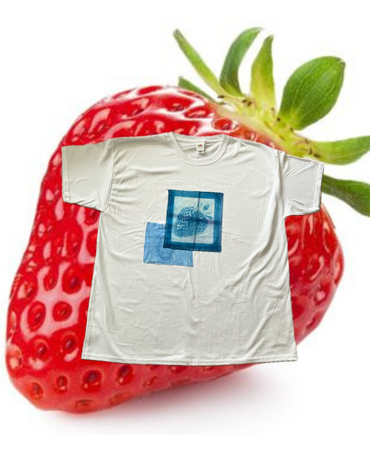 Cyanotype Dye oversized T-Shirt 100% cotton with appliquéd Abstract Strawberry Print